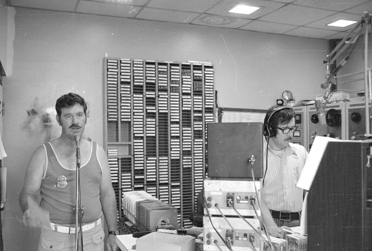 WNCI DJ Charlie Pickard broadcasting at the Ohio State Fair, August 1975.