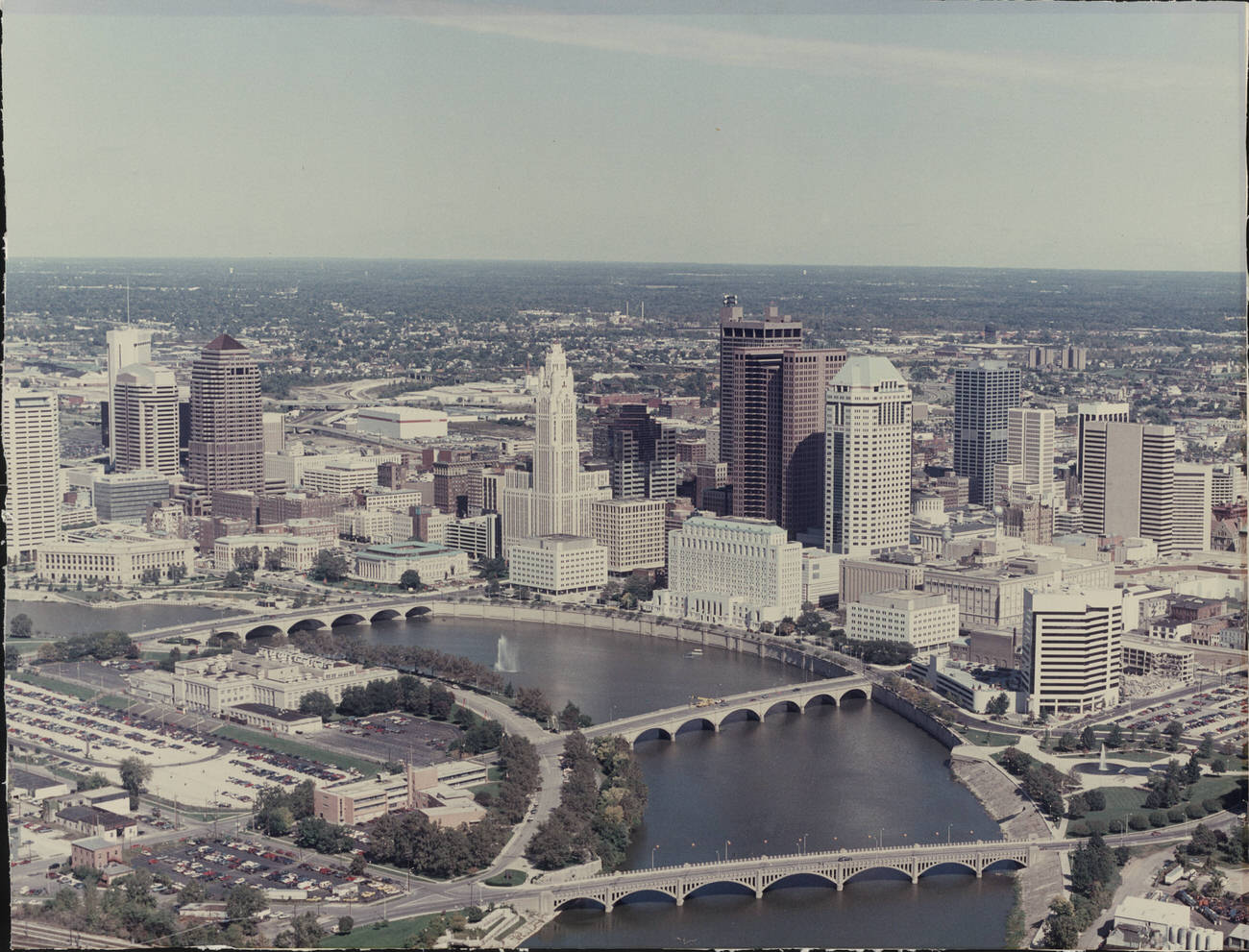 Bird's eye view of downtown Columbus including the bridges over the Scioto River, 1980s.