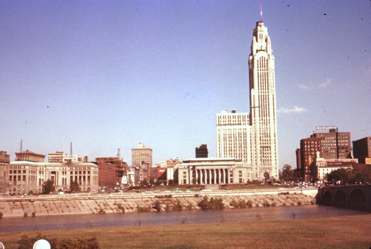 Columbus Skyline from the Lower Scioto Greenway, featuring landmarks, 1957.