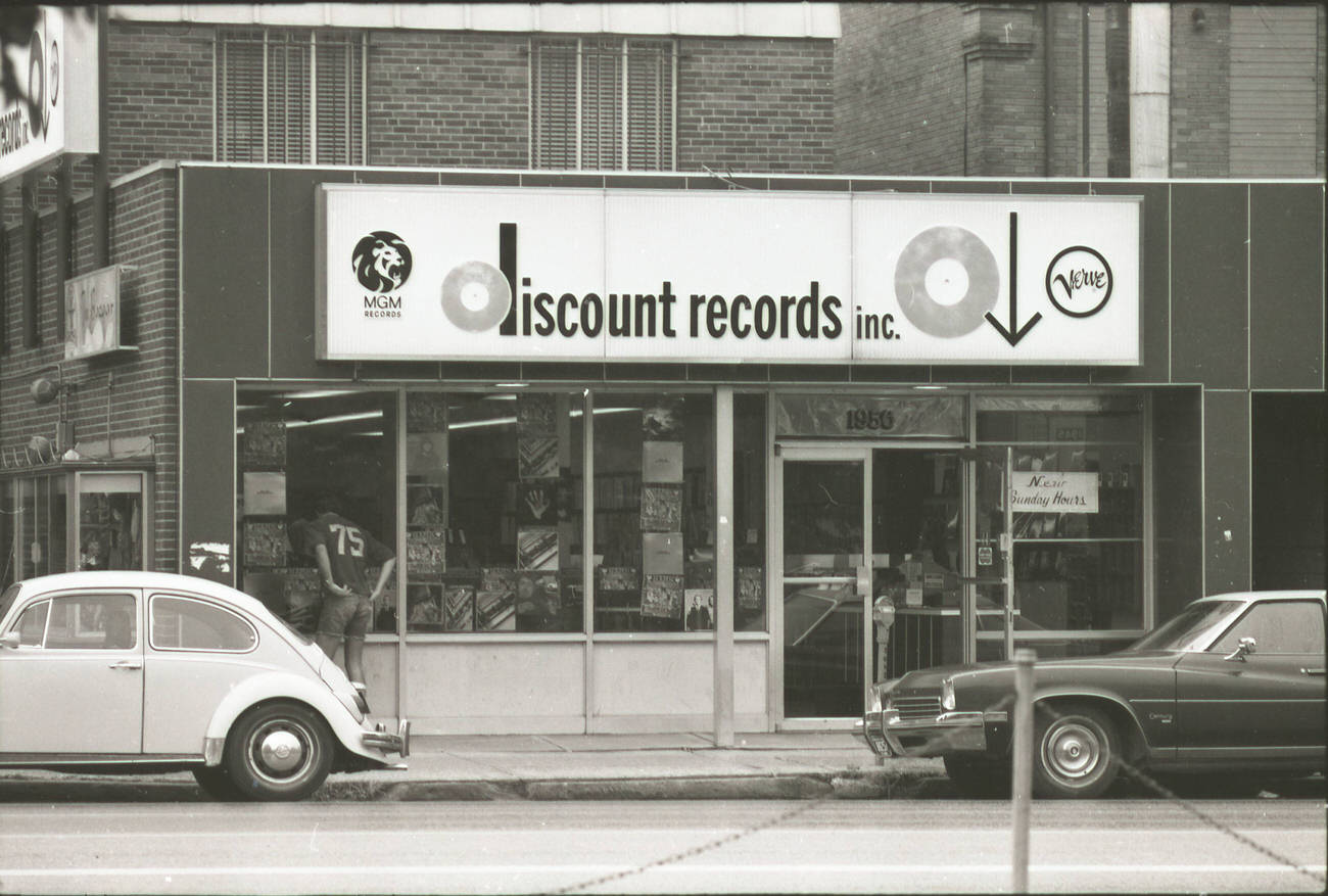 Exterior views of Discount Records shop by A.V. Shirk, 1973.