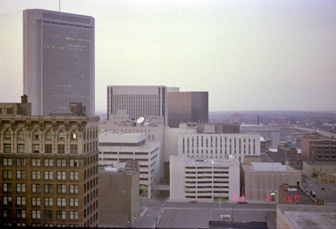 Downtown Columbus aerial view from WTVN radio building, 1983.