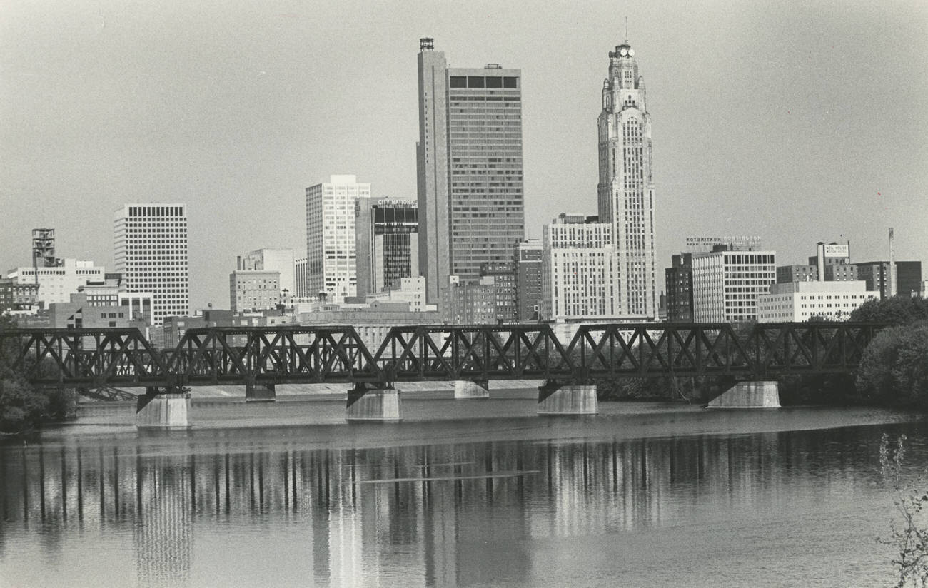 Southeast view of downtown Columbus along the Scioto River, 1980s
