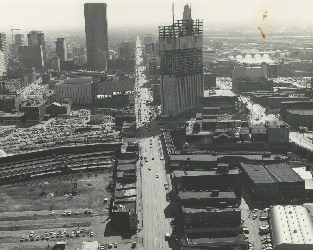 Aerial view of downtown Columbus looking south on North High Street, 1977.