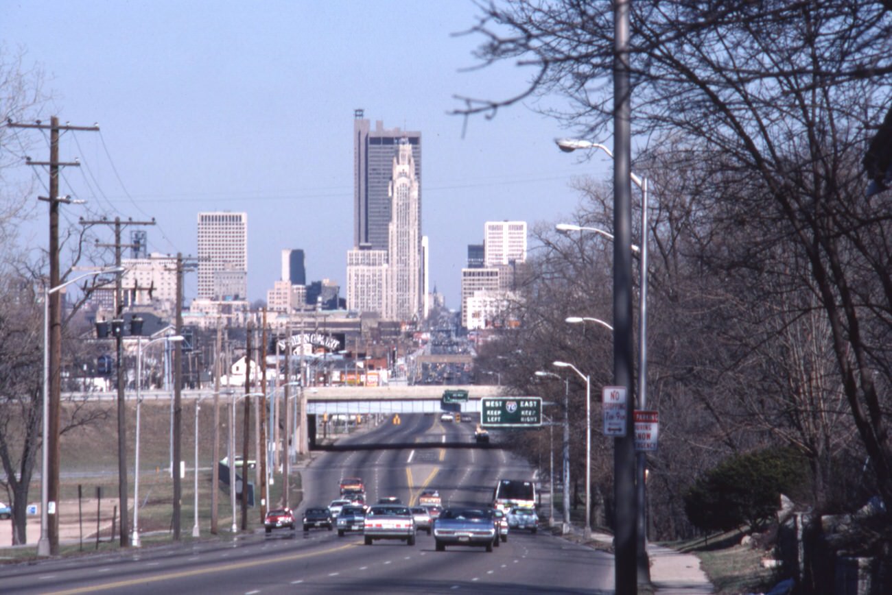 View of Ohio Statehouse and downtown Columbus from West Broad Street, May 1982.