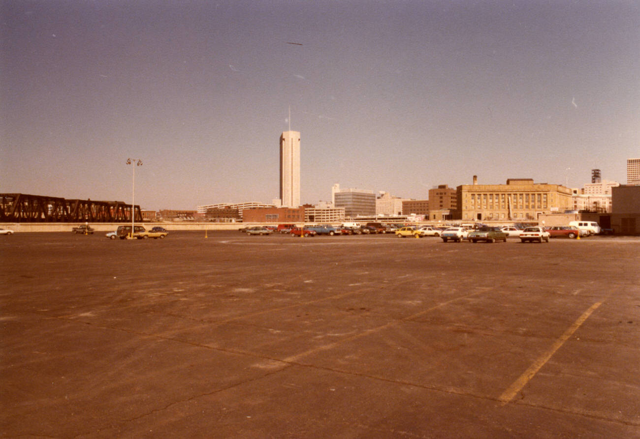 Downtown Columbus view looking east from Veterans Memorial parking lot, 1979.