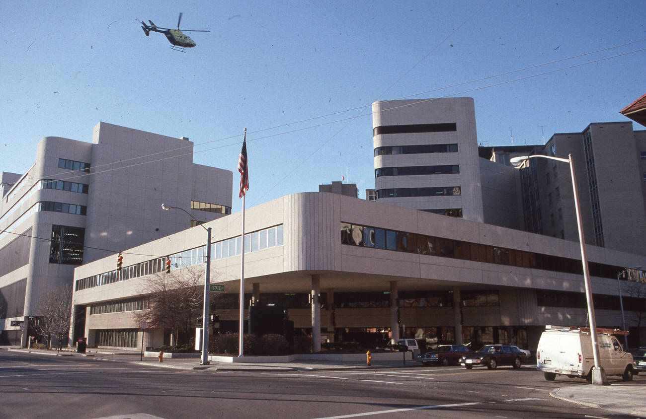 Grant Hospital with Life Flight Helicopter above parking garage, 1990.