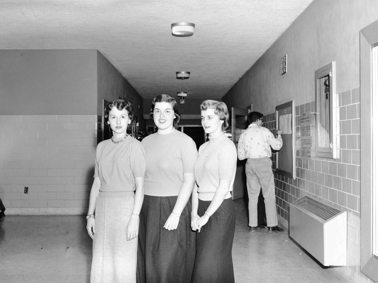 Three female students at Worthington High School by A. V. Shirk, circa 1955.