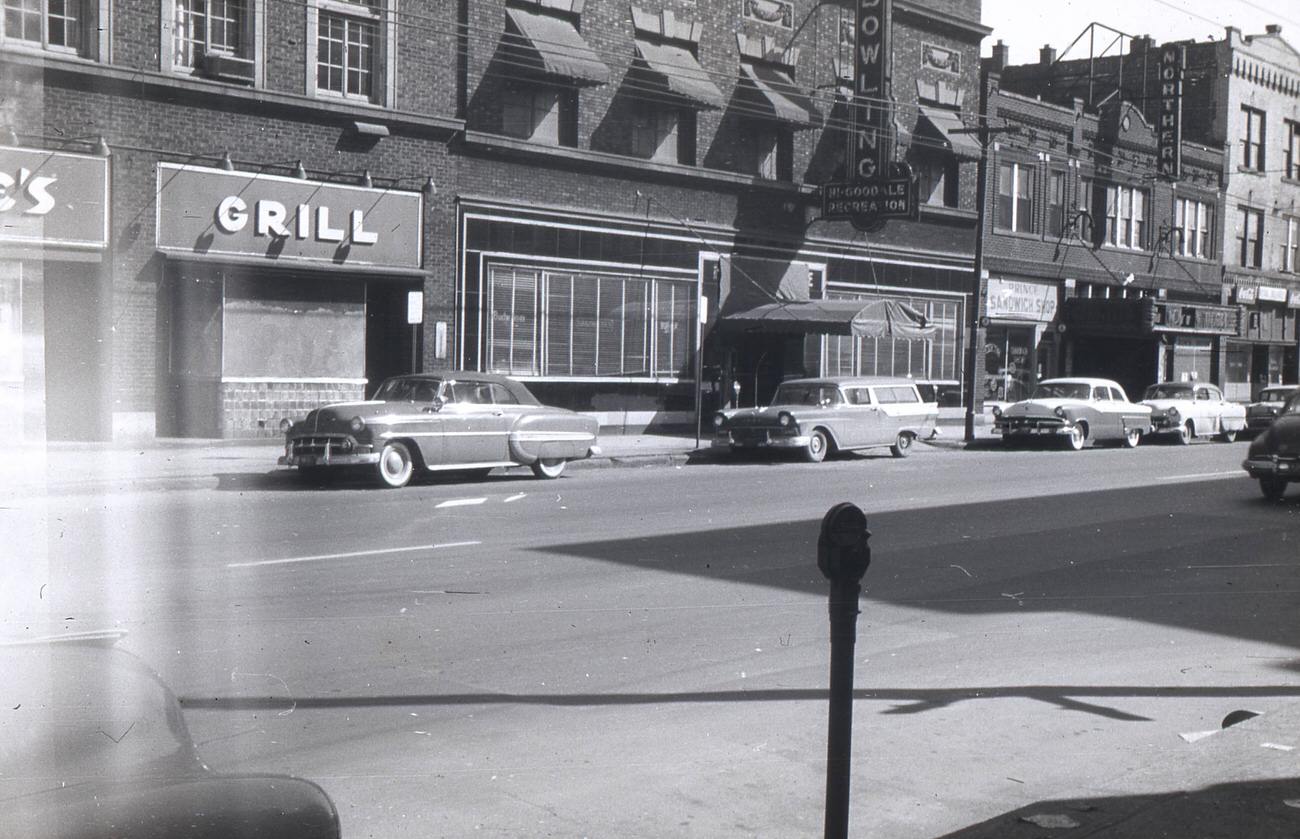 Intersection of N High and Poplar, featuring Hi-Goodale Recreation and other businesses, 1957.