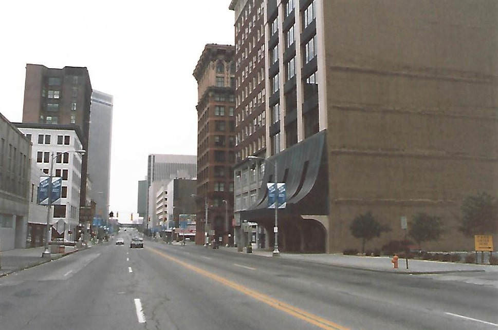 View north on High Street from Elm Street, looking towards the Atlas Building, 1985.