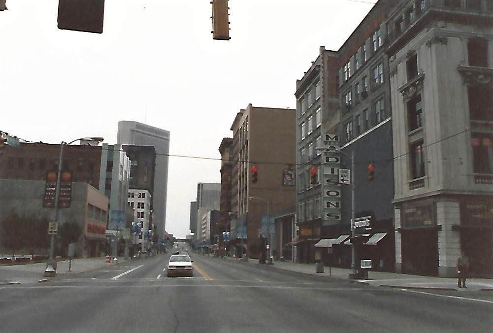 View north on High Street from Gay Street, towards Madison department store and White Haines Building, 1985.