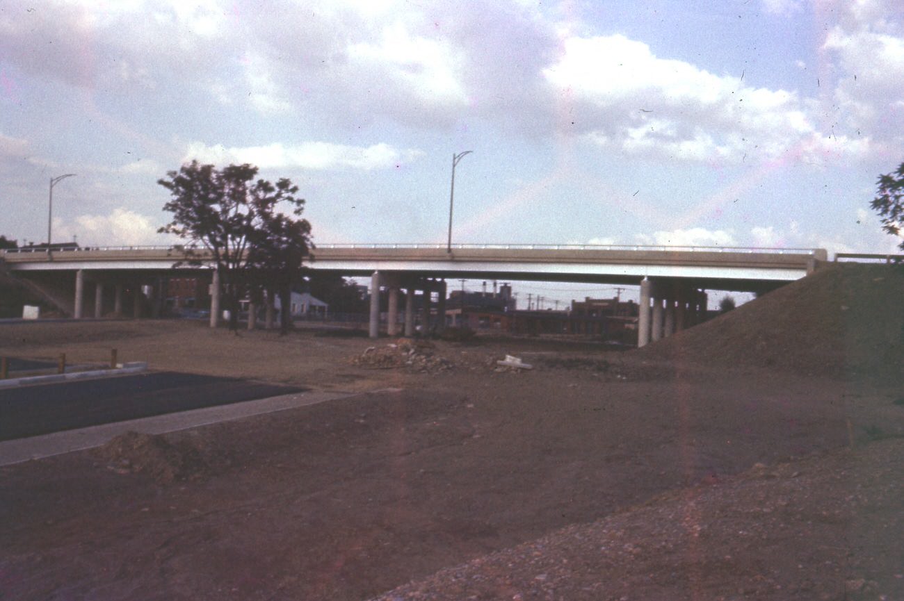 Nearly completed 3rd Street Viaduct from Goodale leg of Expressway, 1959.