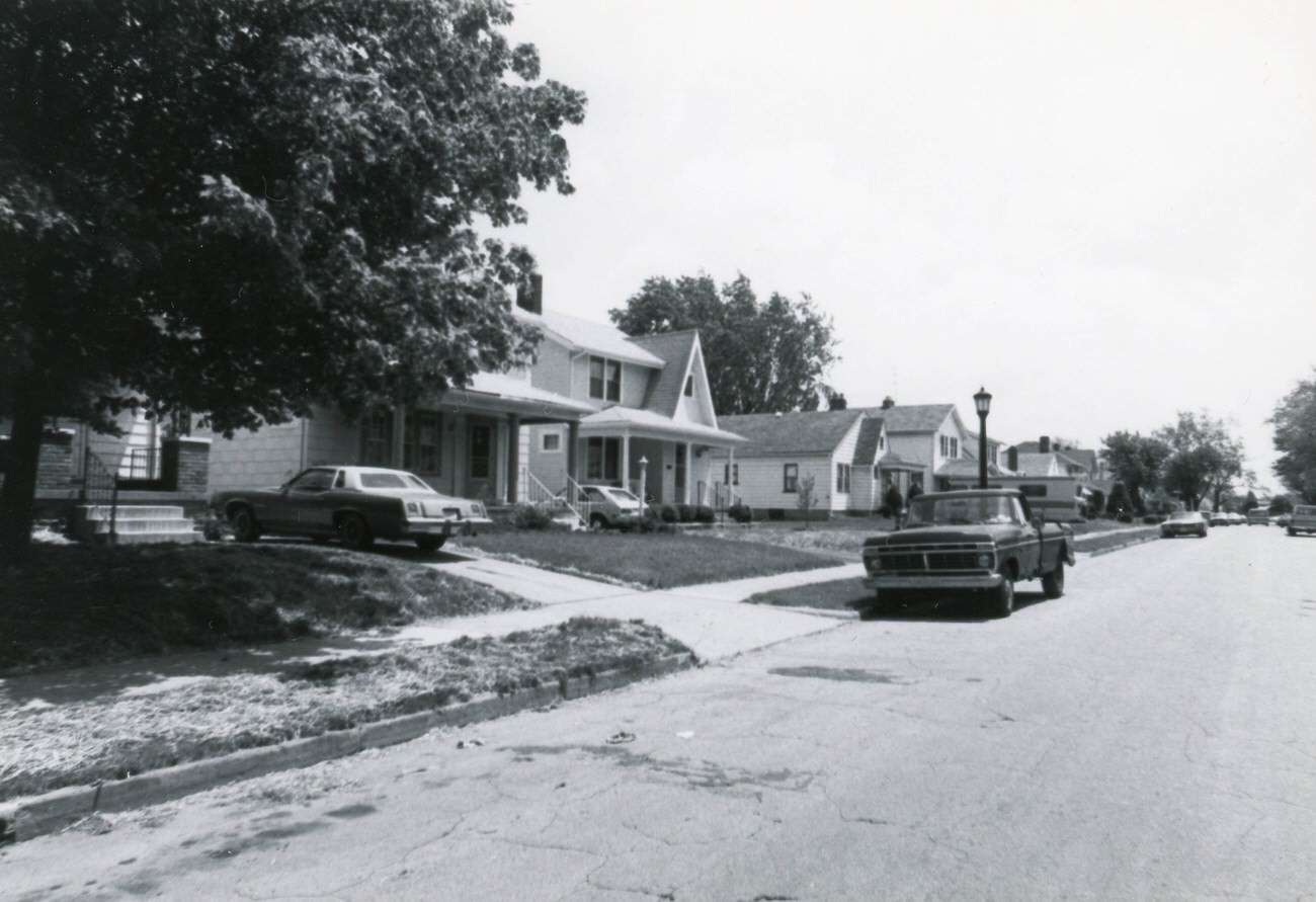 View south on Larcomb Ave. from 530 Larcomb Ave., with 538 Larcomb Ave. in the center, 1980s.
