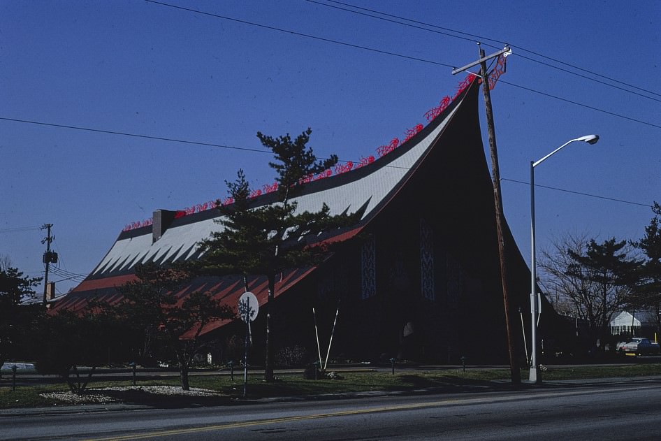 Closer view of Kahiki Restaurant, E. Broad Street, Columbus, Ohio, 1980.