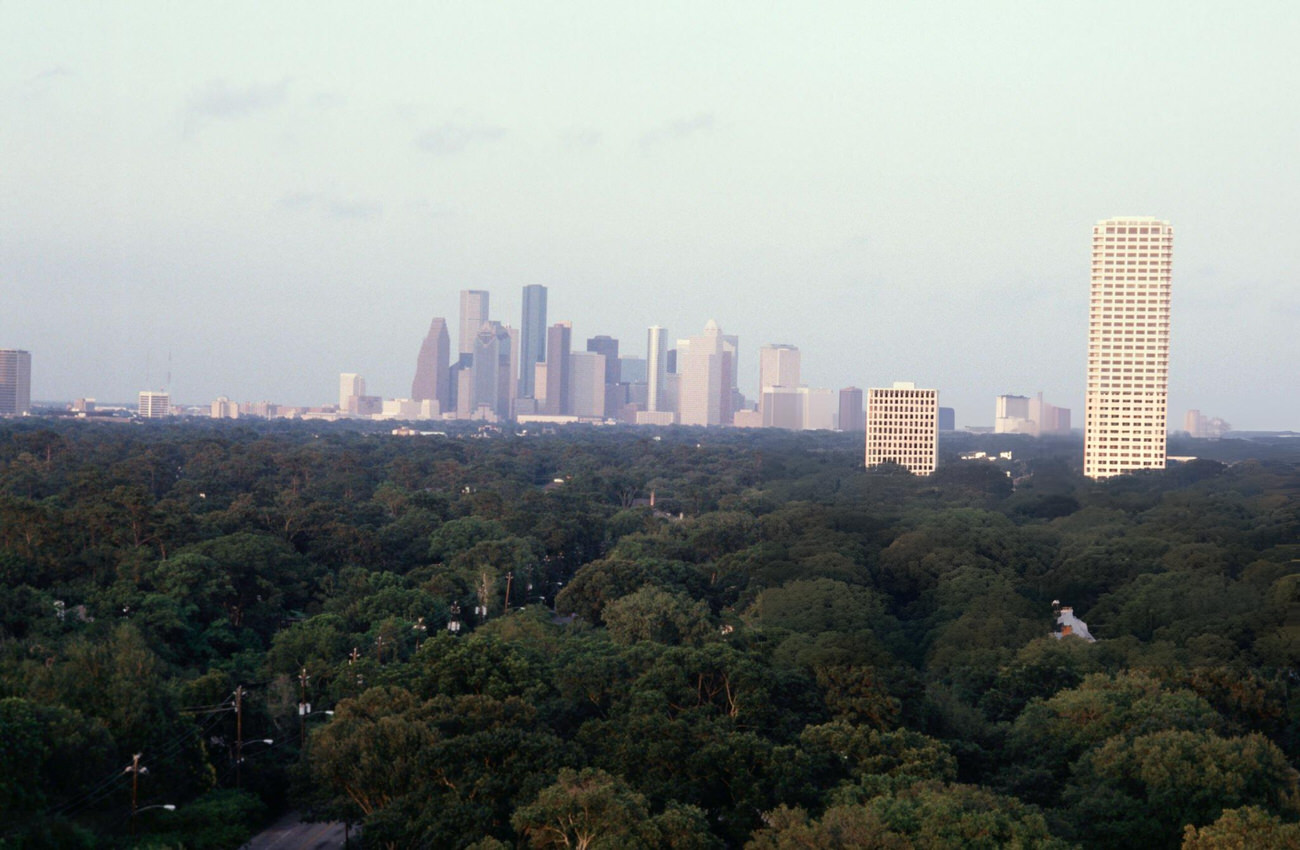 View of the downtown Houston business district, Texas, June 1987.