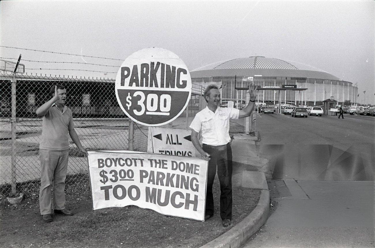 People protest the $3 parking fee at the Astrodome, Houston, Texas, 1983.