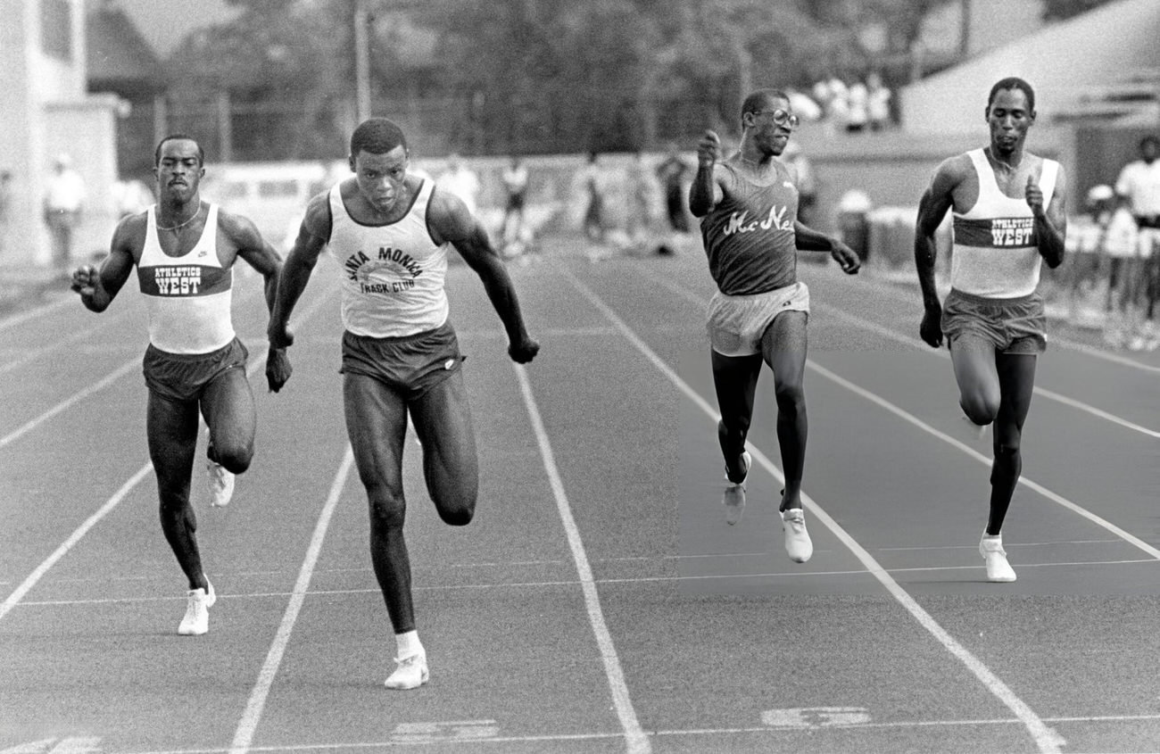 Competitors in the 100-meter run at the University of Houston Invitational track meet, Houston, Texas, 1983.