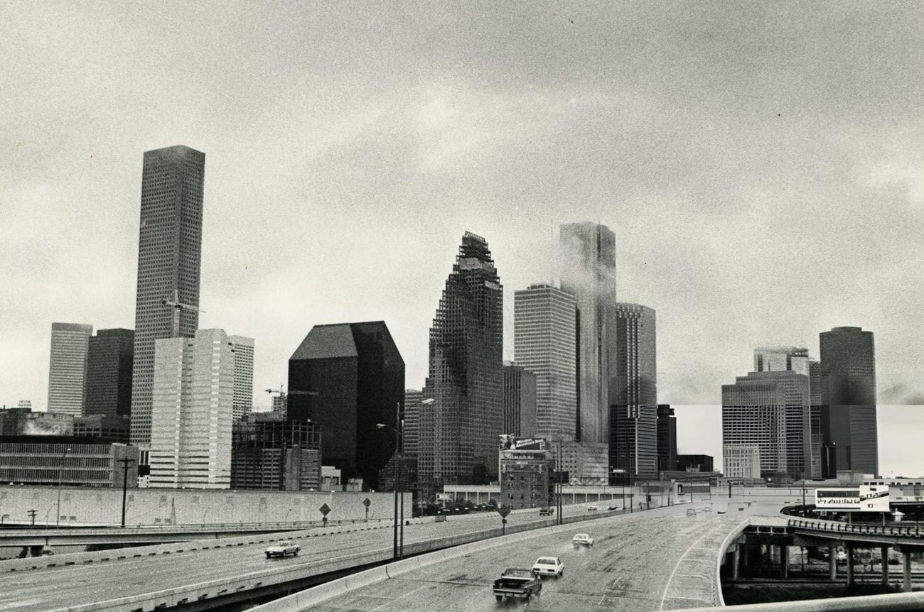 Photo of the downtown Houston skyline from North Freeway, Houston, Texas, 1983.