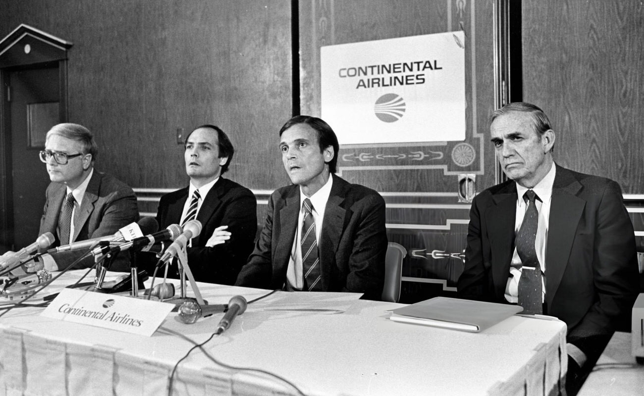 Continental Airlines press conference with executives, Houston, Texas, 1983.