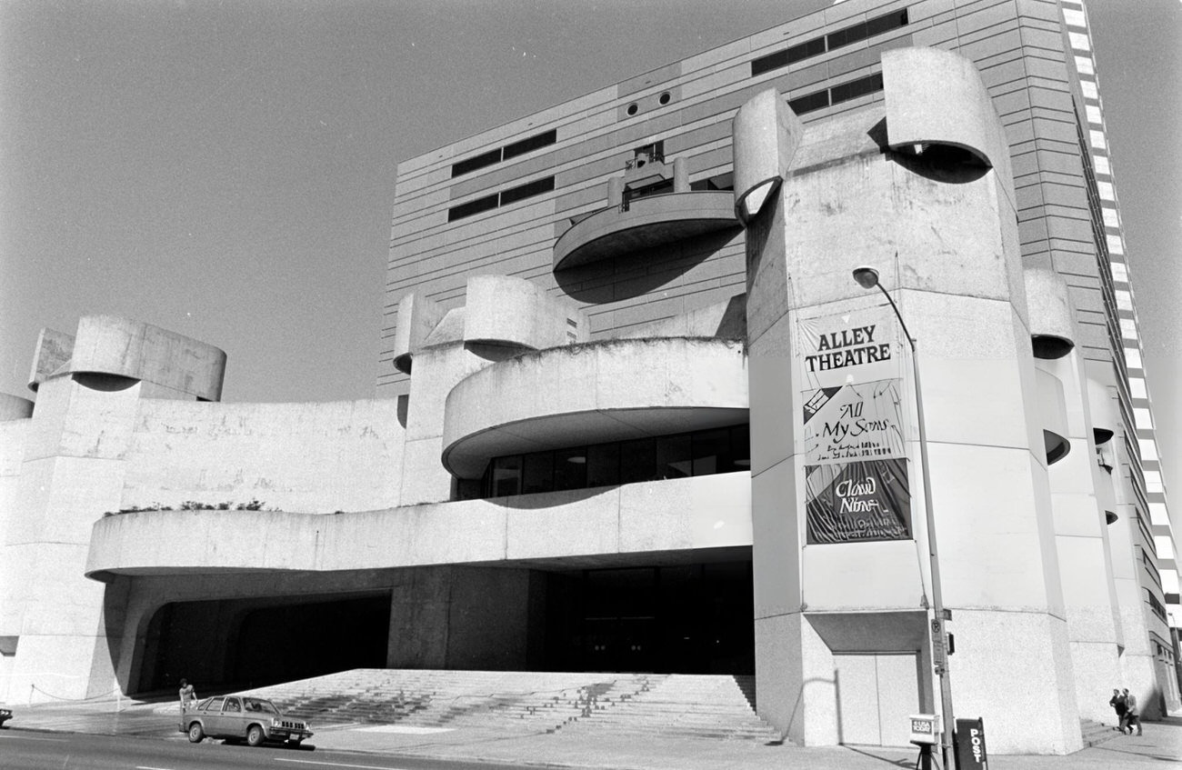 The Alley Theatre exterior on the night of an event honoring Arthur Miller, Houston, Texas, 1984.