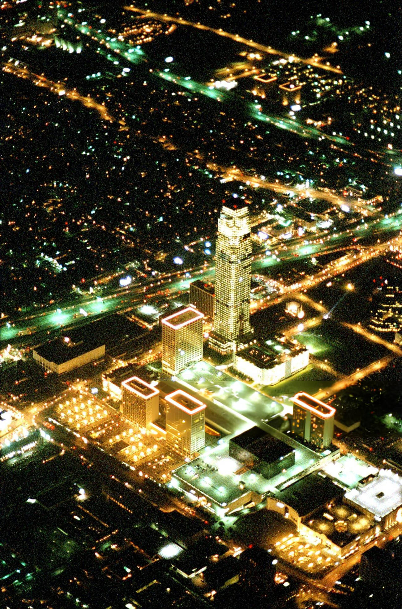Aerial photo of Uptown before New Year's Eve fireworks, Houston, Texas, December 31, 1986.
