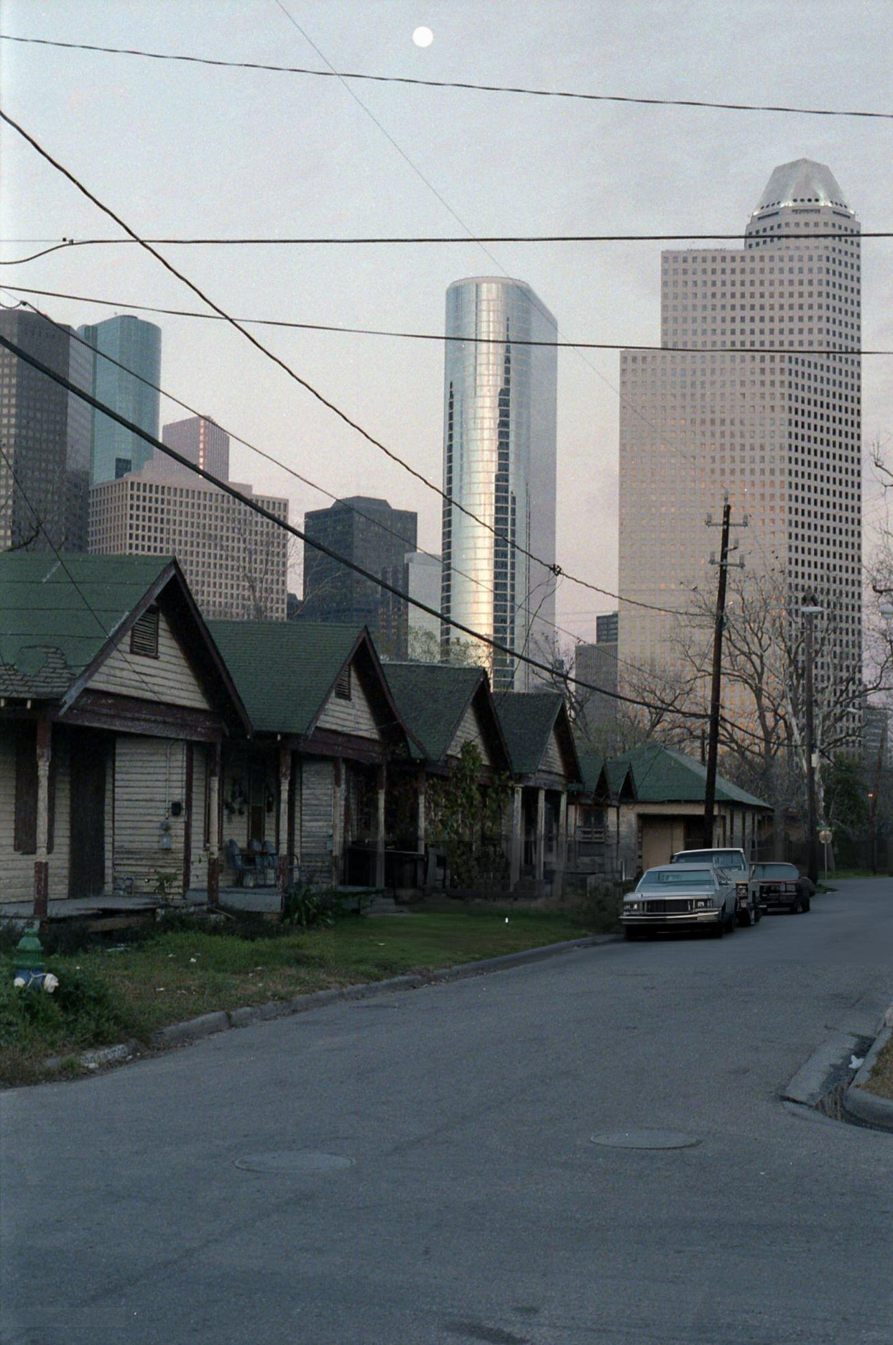 Moonrise over downtown Houston from the Fourth Ward, Houston, Texas, February 11, 1987.