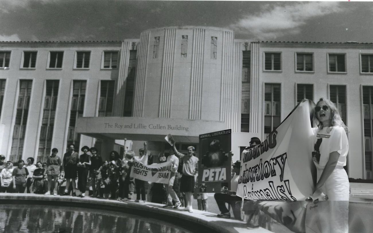Animal rights protestors demonstrate in front of Baylor College of Medicine, Houston, 1980s