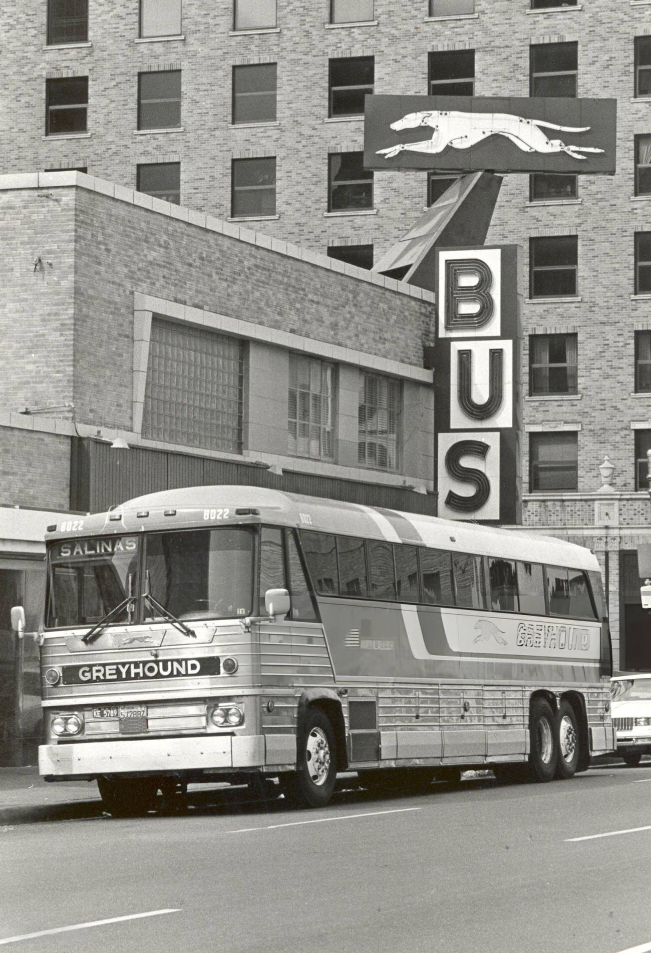 A Greyhound bus at the bus station on Texas Avenue, Houston, Texas, 1985.