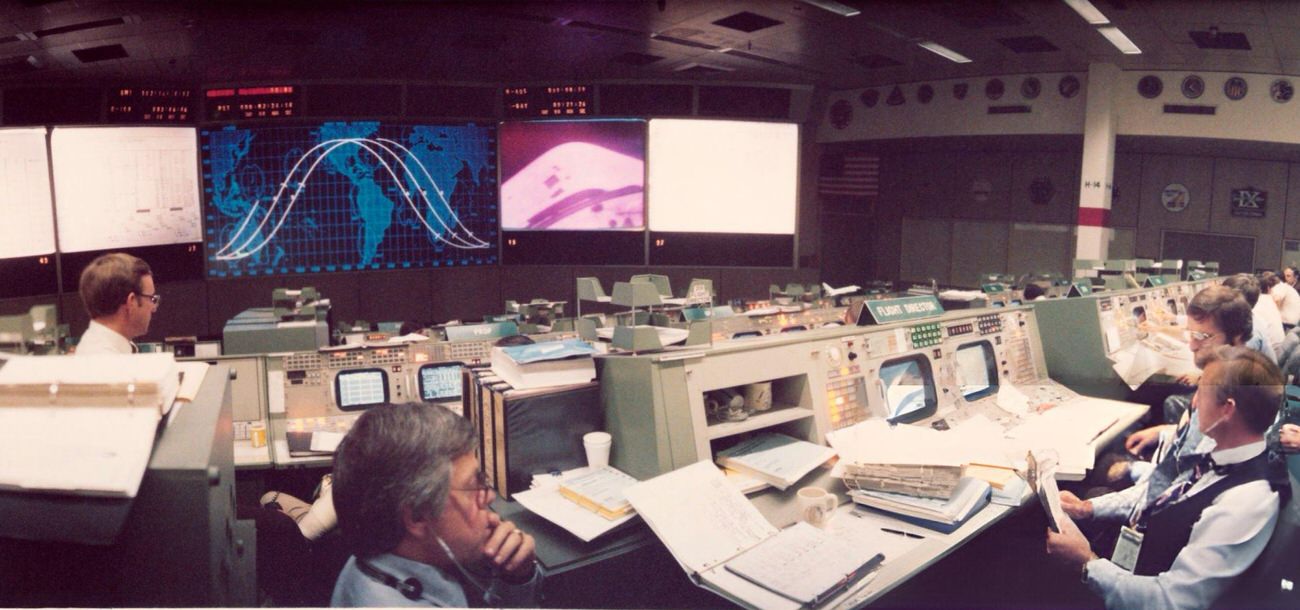 The mission operations control room at Johnson Space Center during the Space Shuttle Columbia's first flight, Houston, Texas, 1981.