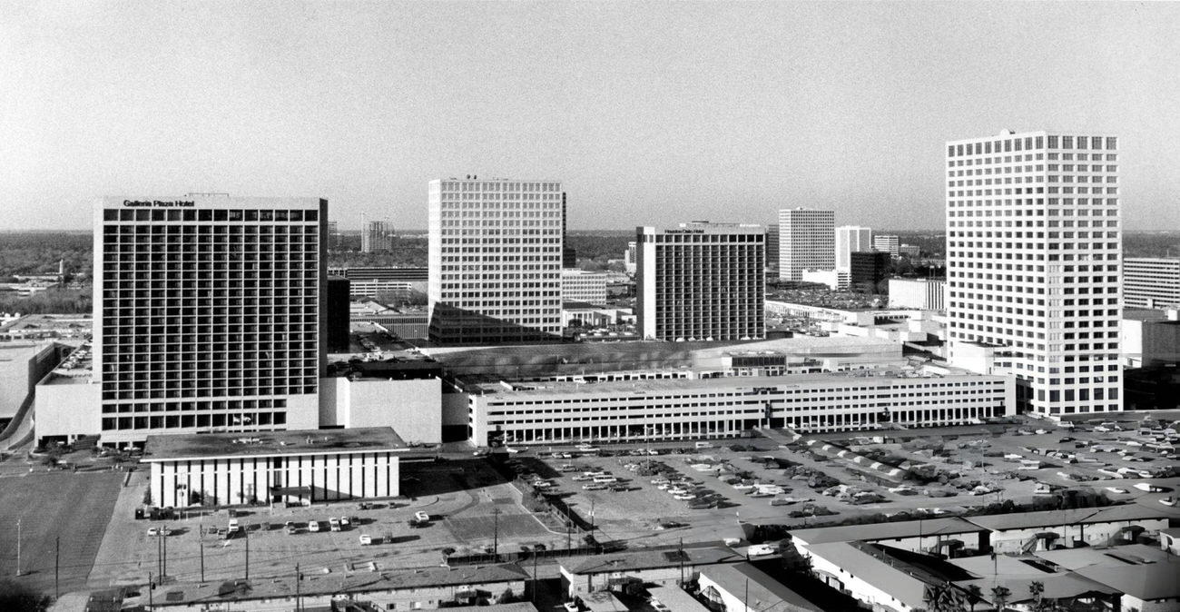 Galleria Plaza Hotel and parking entrance to Galleria II on Sage Road, opposite Houston Oaks Hotel and Galleria I along Westheimer, 1980.
