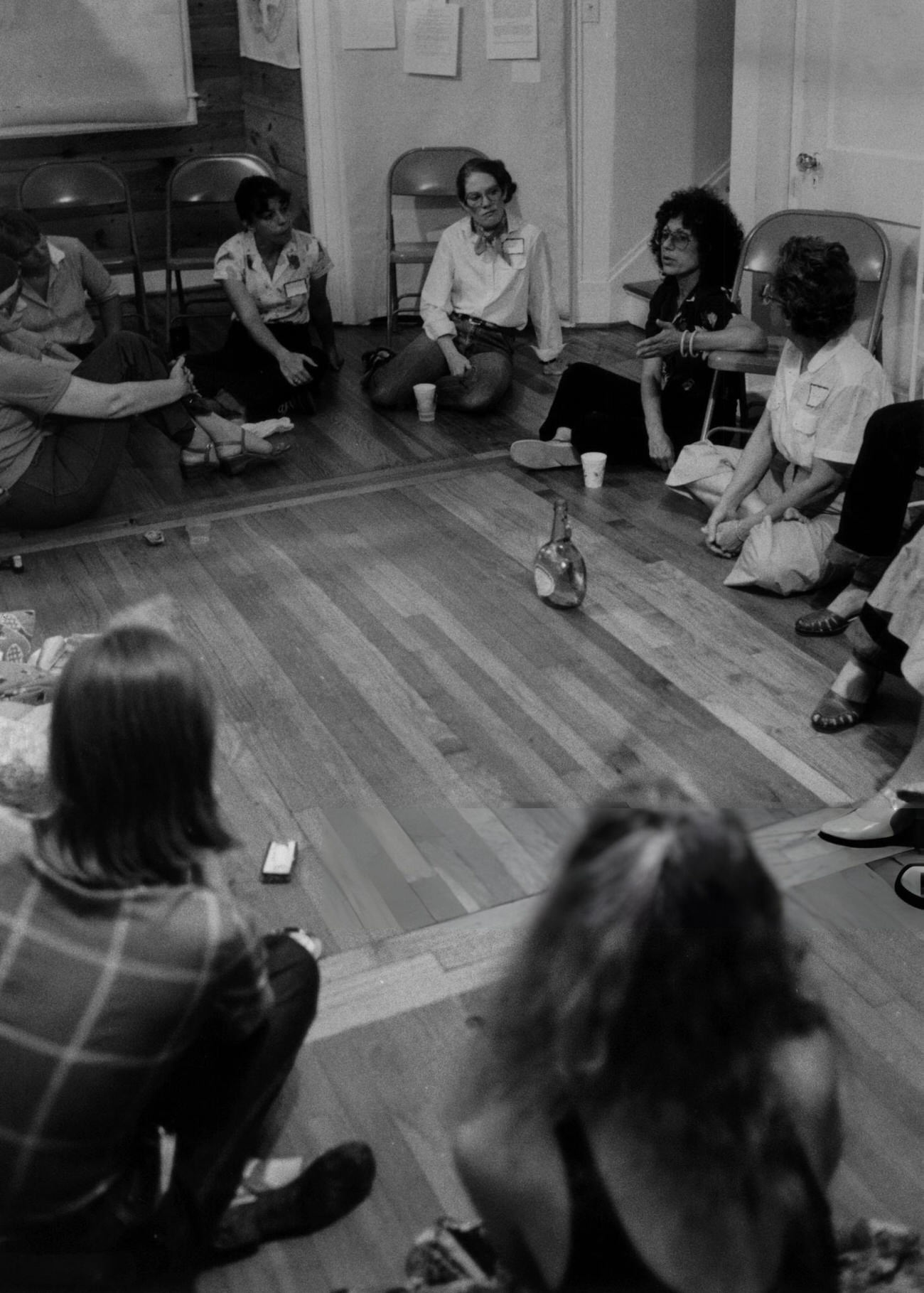Artist Judy Chicago discusses The Birth Project with Houston women at a Texas Arts and Cultural Organization meeting, July 1981.