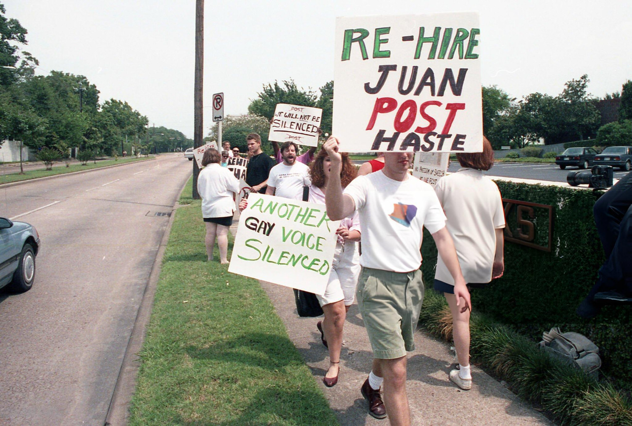 Queer Nation's picket outside Charles Cooper's apartment for Juan Palomo's rehiring showcases activism against perceived discrimination, Houston, Texas, 1991.