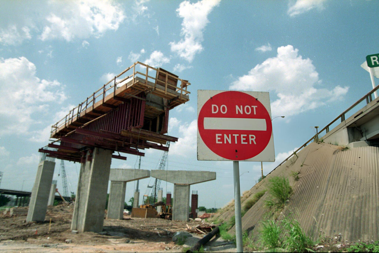 Construction near Enron Field includes new exit ramps from southbound I-59, Houston, Texas, 1998.