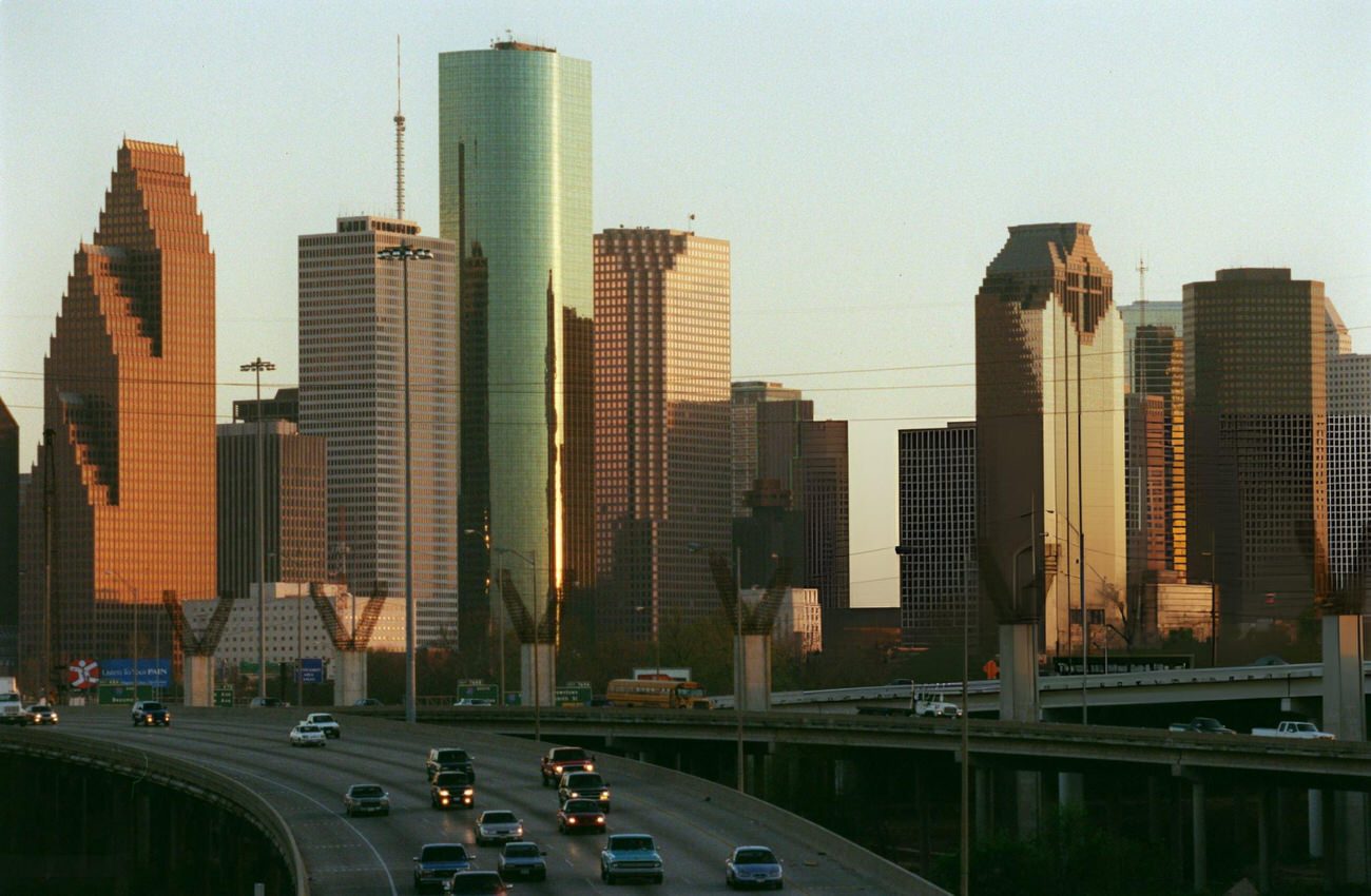 Houston skyline viewed from White Oak bridge in the evening light, Houston, Texas, 1999.