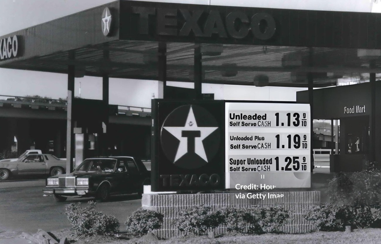 Gasoline prices show variability at three stations at Loop 610 South and Broadway, reflecting economic differences, Houston, Texas, 1991.