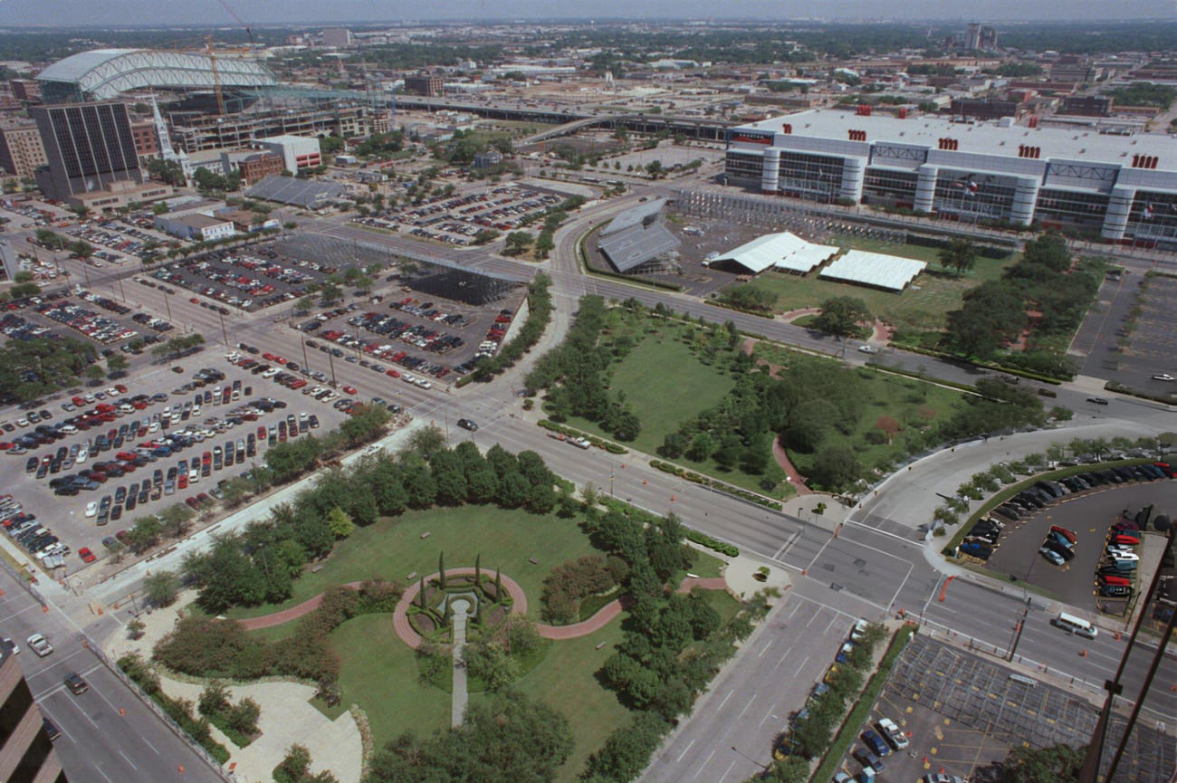 Aerial view of downtown near George R. Brown convention center and Enron Field, Houston, Texas, 1999.
