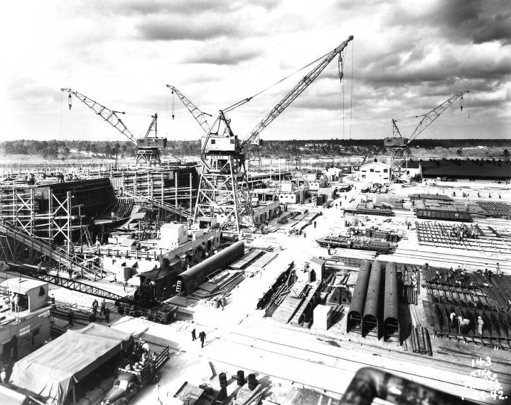 Cranes working in a shipyard, view from Gantry Crane, 1942.