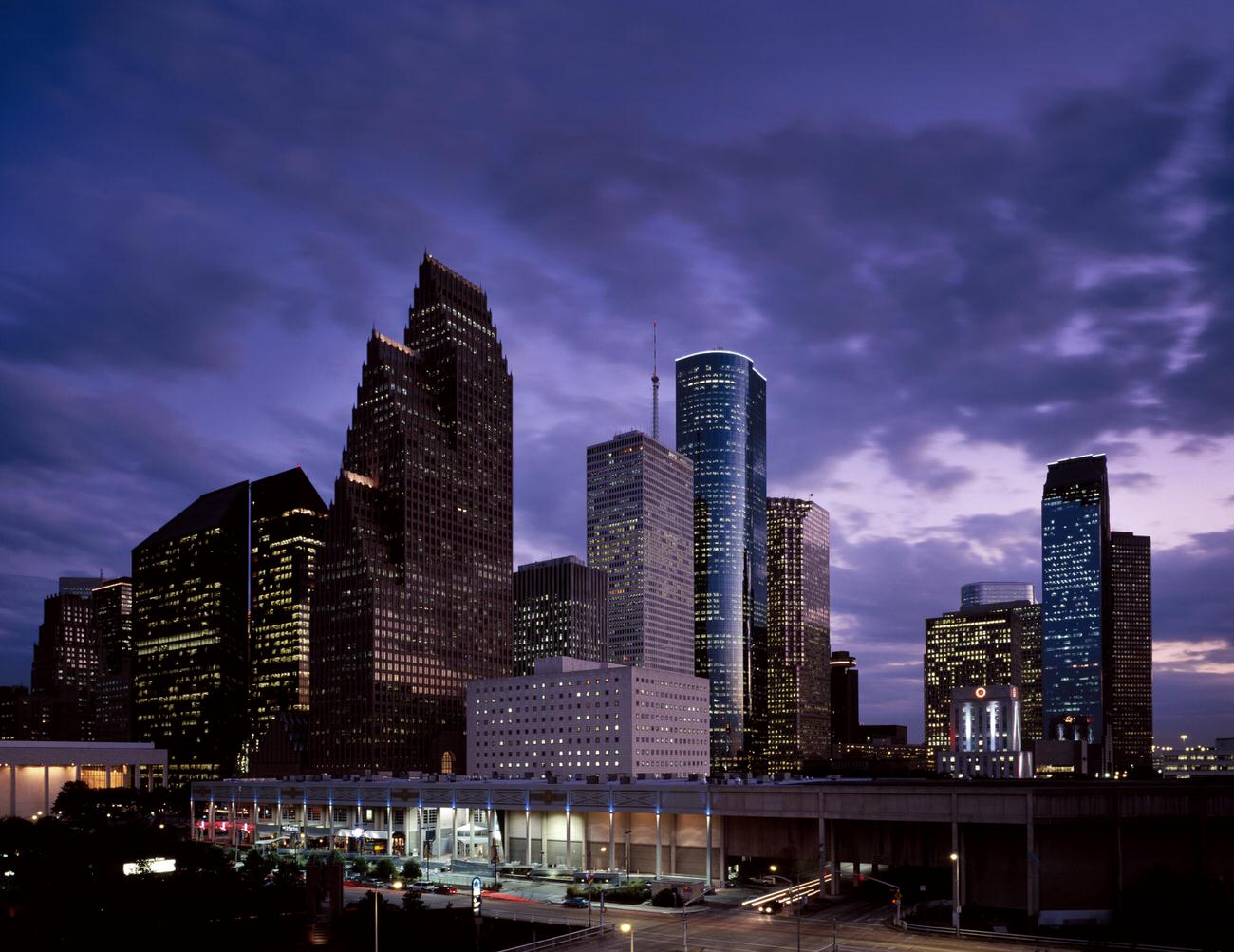 Twilight scene in Houston, Texas, 1990s