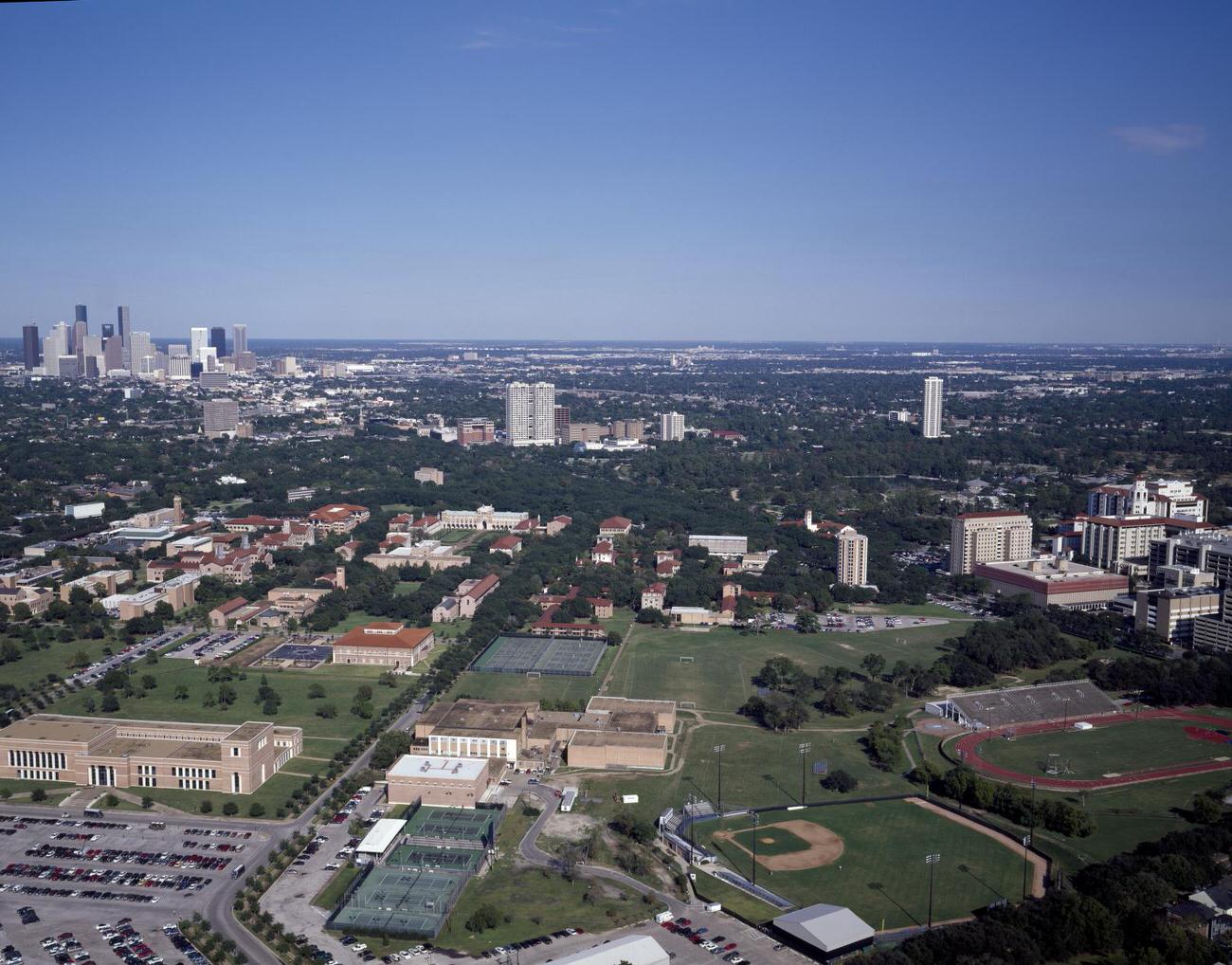 Aerial view of Houston, Texas, with downtown in the distance, 1990s