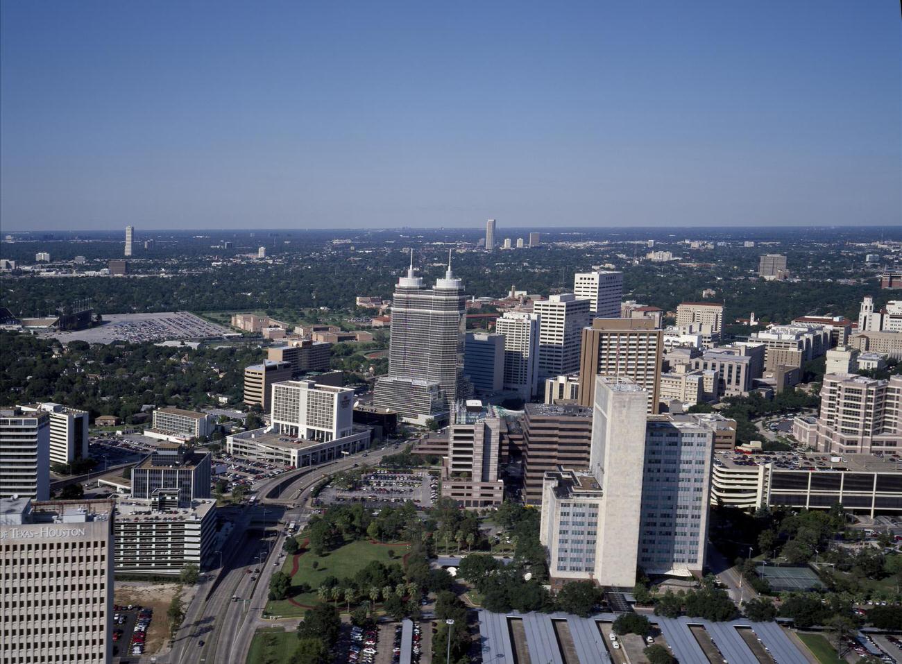 Aerial view of Houston, Texas, above its famous Medical Center, 1990s
