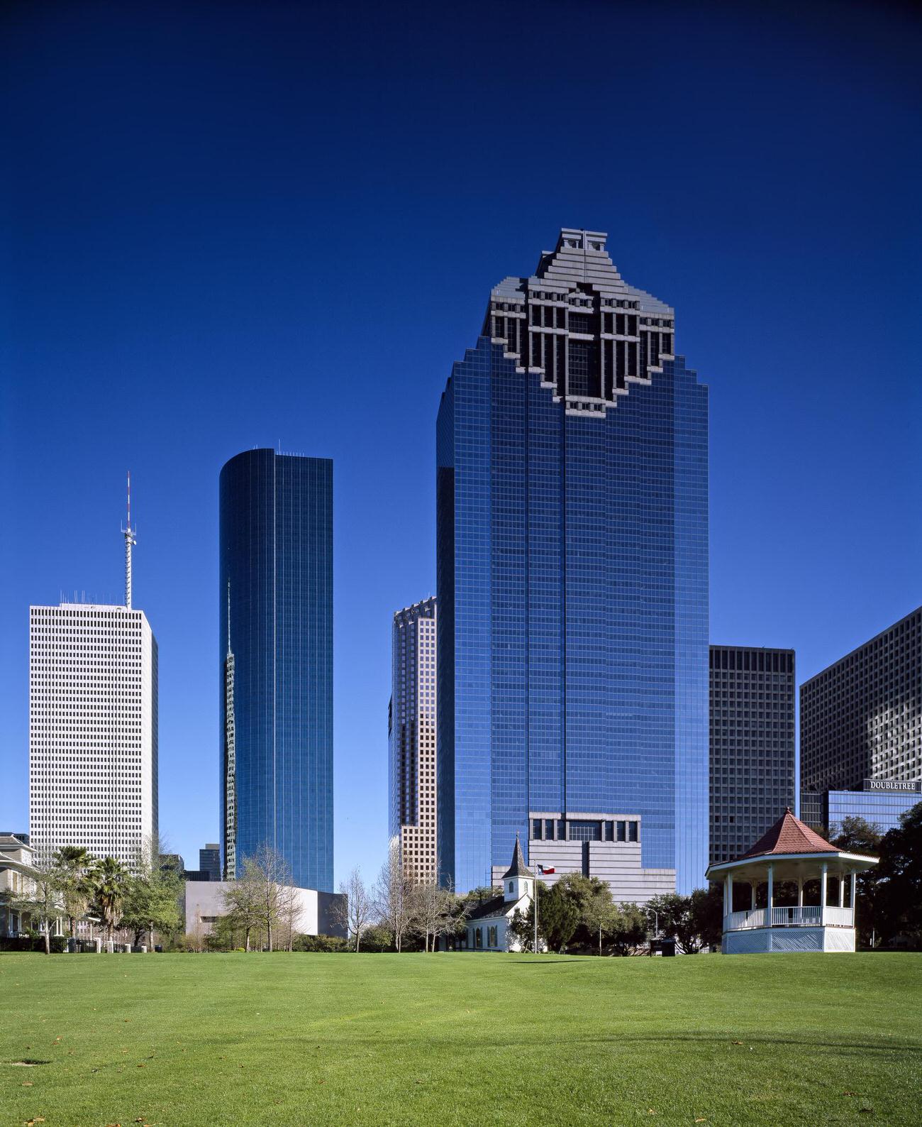 Skyline from Sam Houston Park in Houston, 1990s