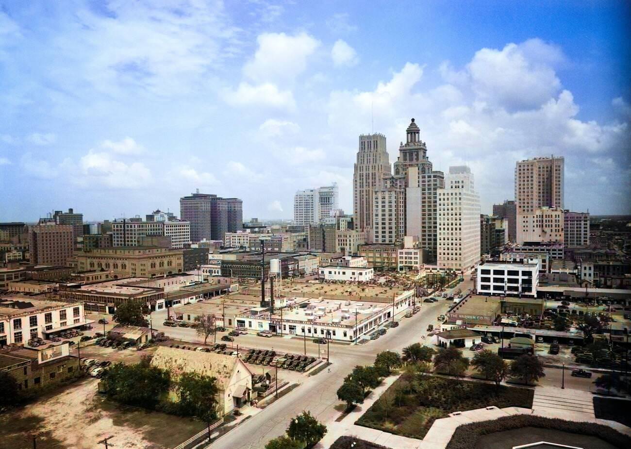 Houston skyline featuring the Niels Esperson Italian Renaissance-style building, viewed from City Hall, 1940s