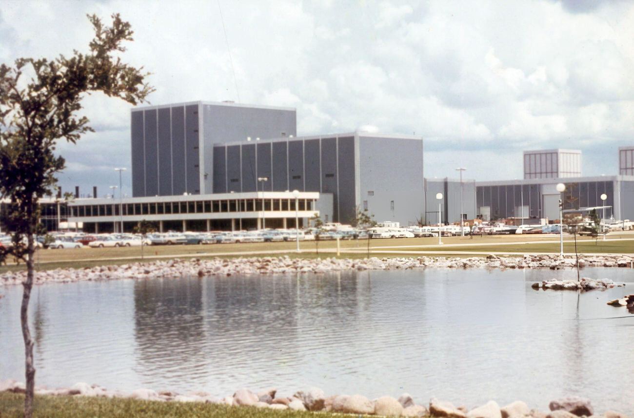 Ground view of NASA's Manned Space Center, later renamed the Lyndon B Johnson Space Center, in Houston, Texas, 1960s.