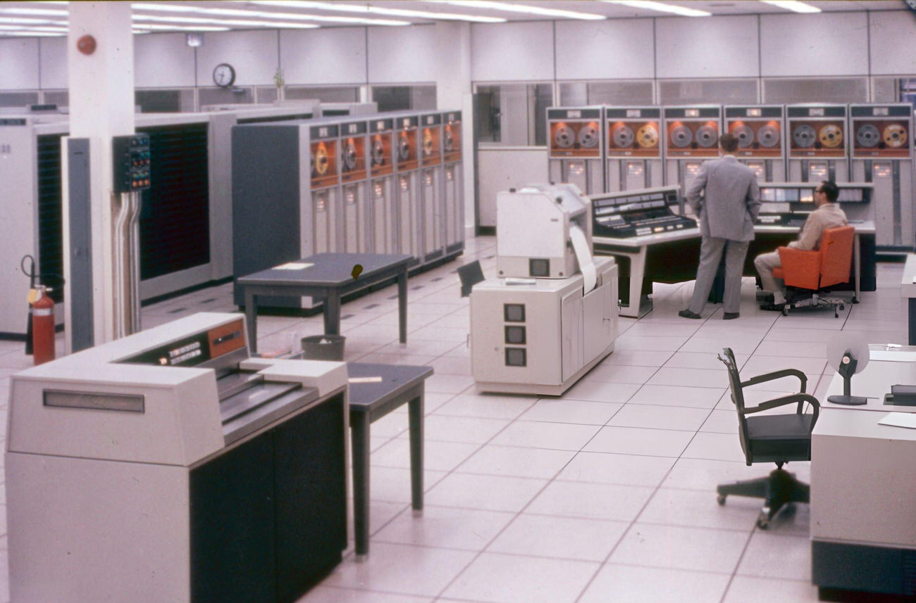 Interior of a computer room at NASA's Manned Space Center, later renamed the Lyndon B Johnson Space Center, in Houston, Texas, 1960s.