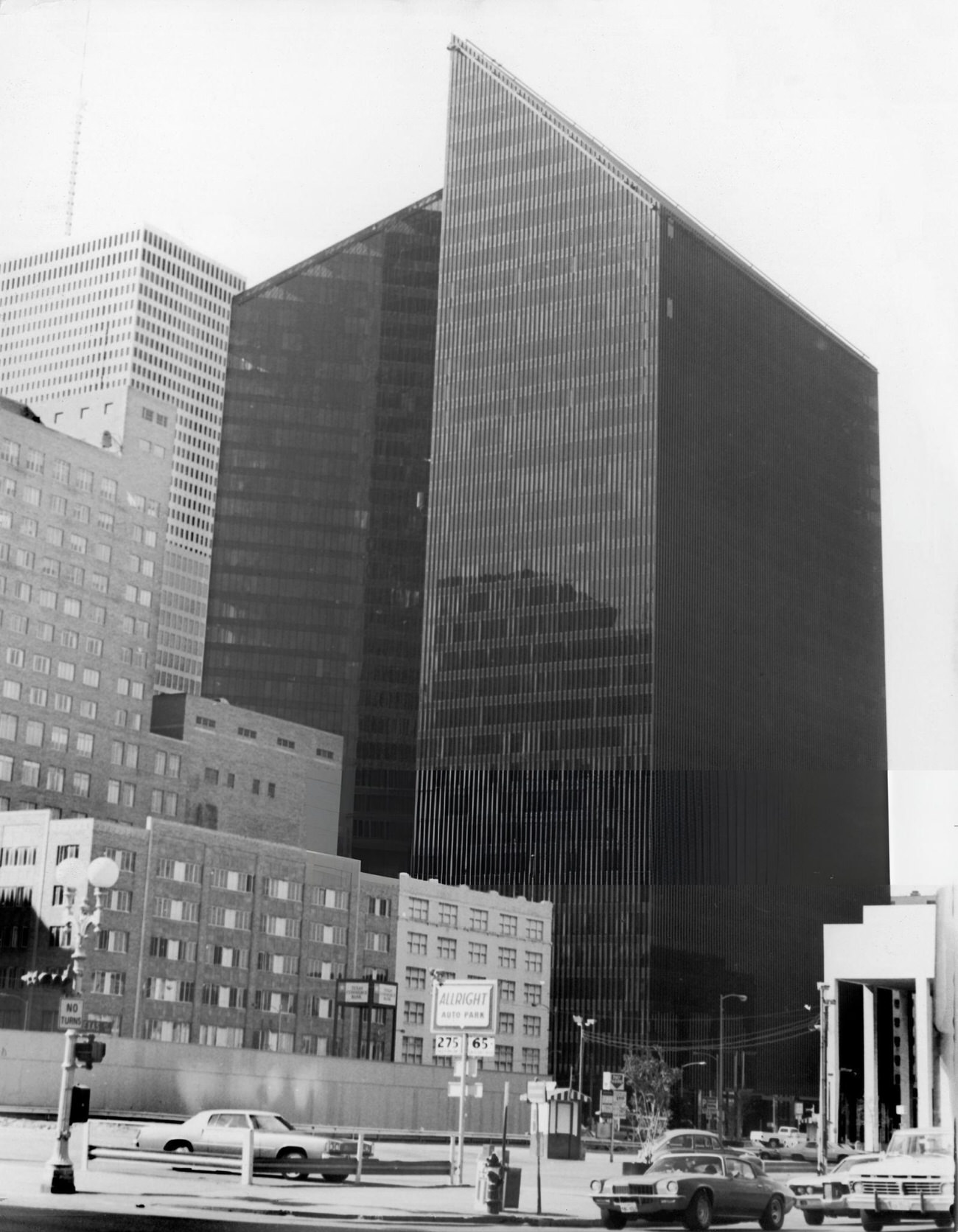 The Towers of the Penzoil Buildings in Houston, Texas, showcasing their solar-energy inclined roofs, 1970s.