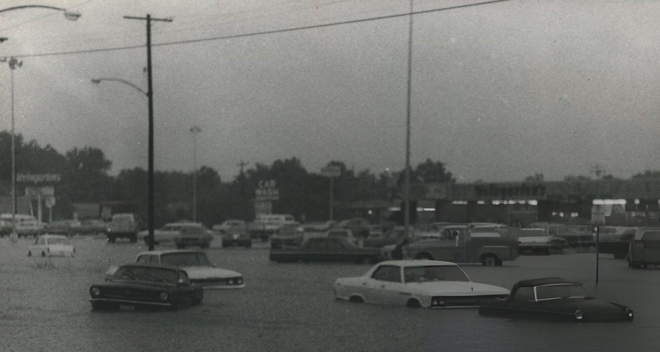 Cars caught in floodwaters at Weslayan & Bissonnet, Houston, Texas, 1970.