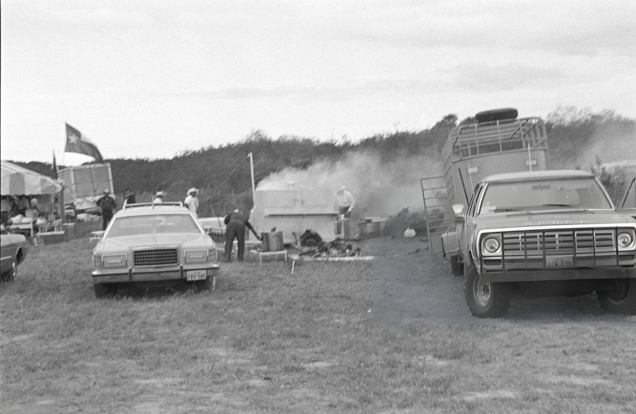 Preparation for a barbeque at a cattle ranch visited by Prince Charles in Houston, Texas, 1977.