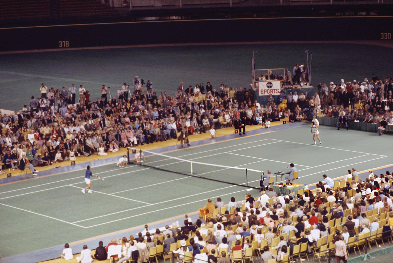 Billie Jean King and Bobby Riggs at the Battle of the Sexes Challenge Match at the Astrodome, Houston, 1973.