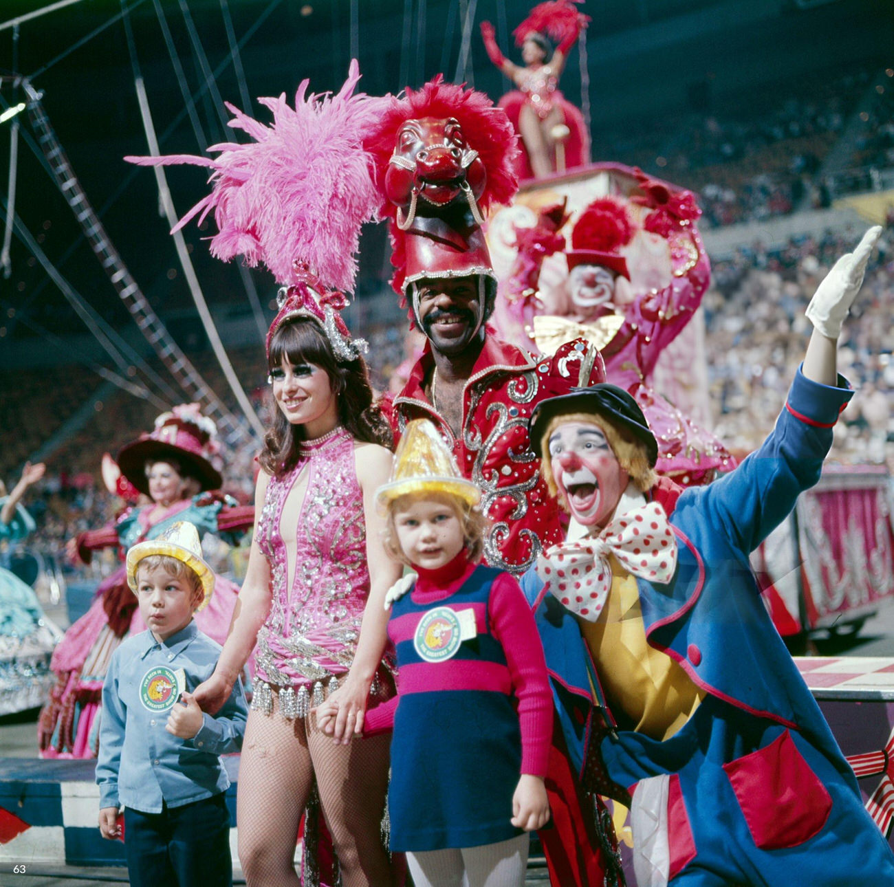 Performers including unicyclist King Charles at Ringling Brothers & Barnum and Bailey's Circus, Houston, 1975.