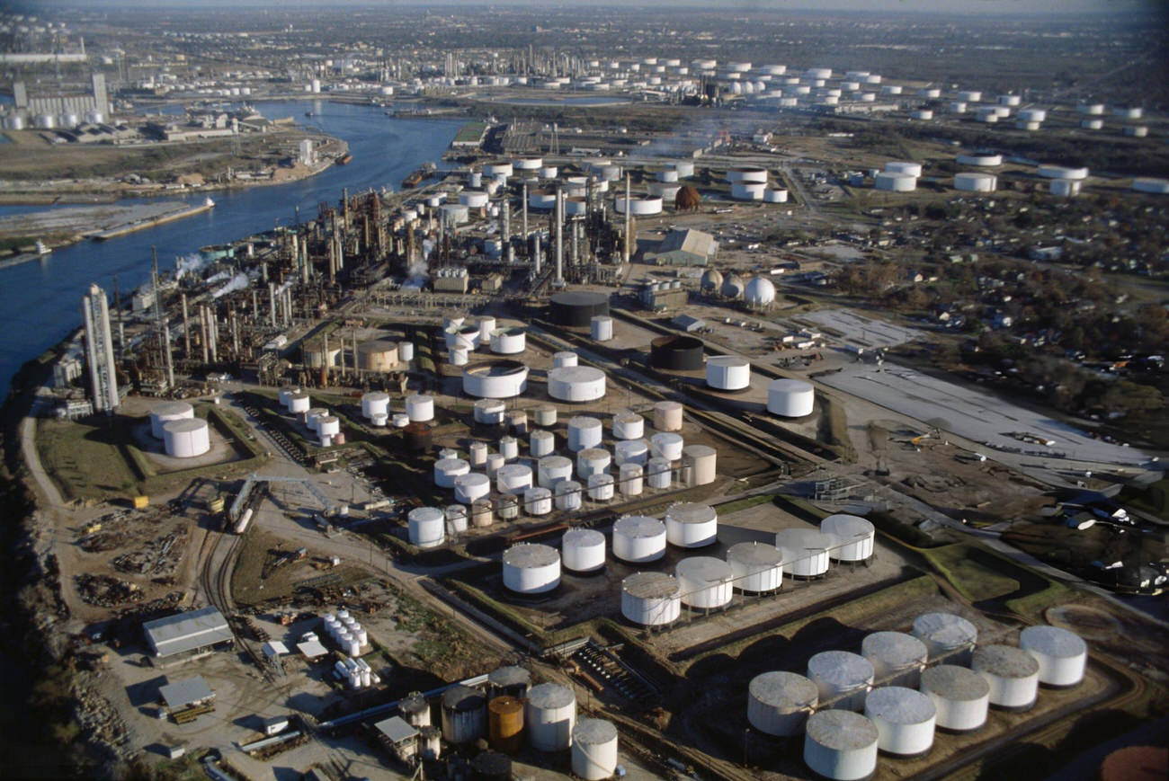 Aerial view of the Charter International Oil Company at the Port of Houston, Texas, 1978.