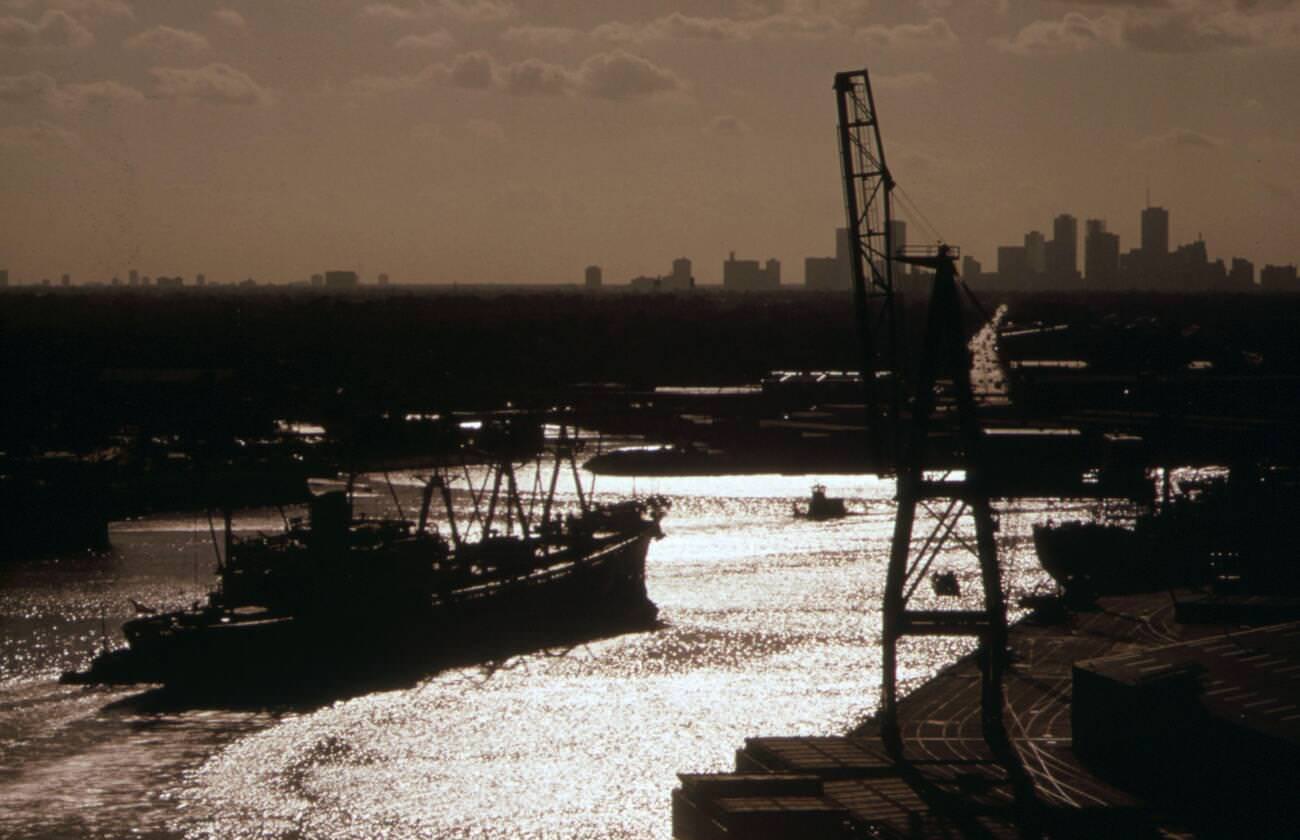 Houston Ship Channel at dusk with downtown skyline in the background, 1973.